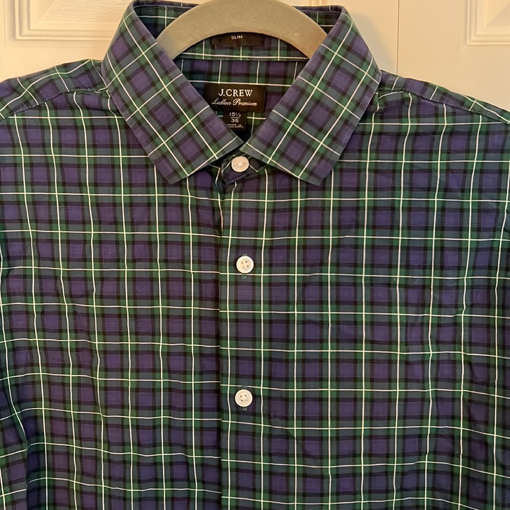 J. Crew Mens Dress Shirt 15.5x35 Ludlow Green/Blue Plaid